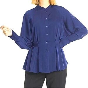 MM Lafleur Sontag Blouse Dolman Long Sleeve Shirt Peplum Waist Top Silk Blue M